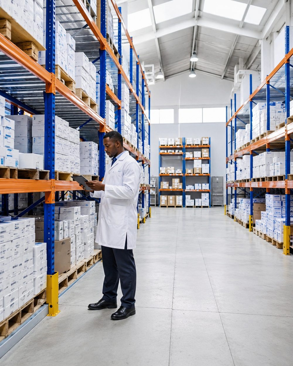 A Quest Pharmaceuticals team member checking stock in the distribution warehouse in Nairobi, Kenya