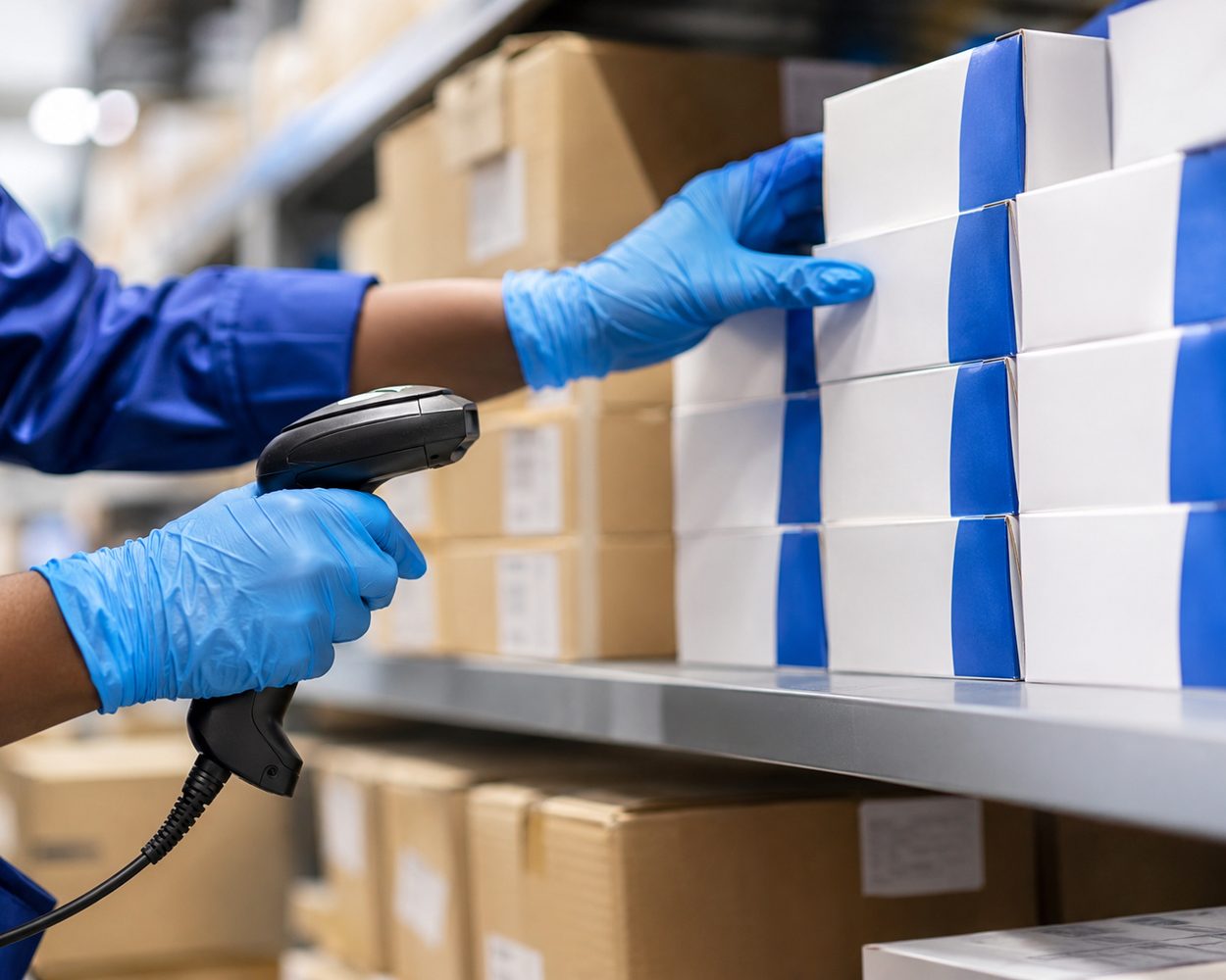 Gloved hands scanning and shelving sealed pharmaceutical cartons during goods handling